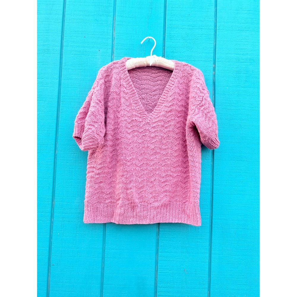 Handmade Pink Textured Knit Short Sleeve V-Neck Cottagecore Retro Mean Girls Top